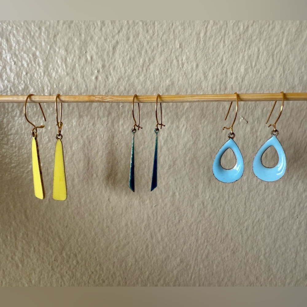 Set of Colorful Vintage Enamel and Gold Dangle Earrings